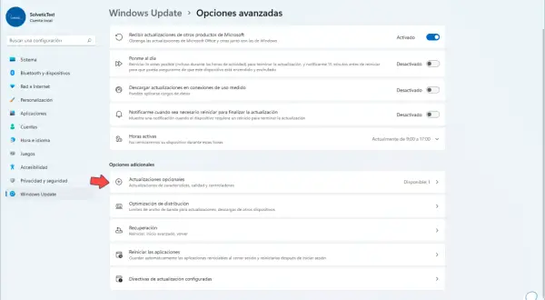 Actualizaciones opcionales en Windows 11, donde puedes encontrar actualizaciones de controladores.
