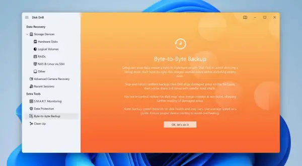 La aplicación Disk Drill muestra la opción "Byte-to-Byte Backup", ideal para restaurar sistema si está restaurando el registro o para crear copias de seguridad completas.