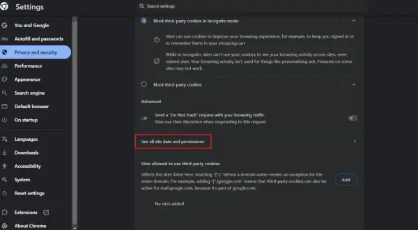 Configuración de privacidad para eliminar cookies de Google. Accede a "Ver todos los datos y permisos del sitio" para gestionar tu información.
