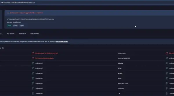Análisis de seguridad de un archivo pua win32, `utorrent_installer.exe`, marcado como malicioso por 3 de 70 proveedores.