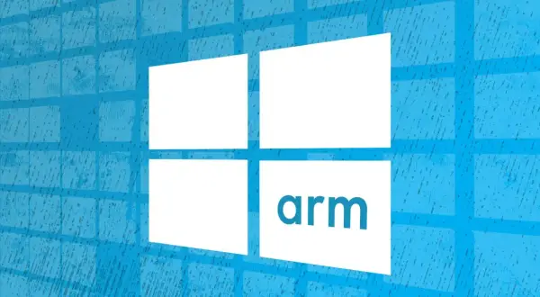 El logo de Windows se superpone a un fondo azul texturizado, con la palabra "arm" en una de las ventanas.