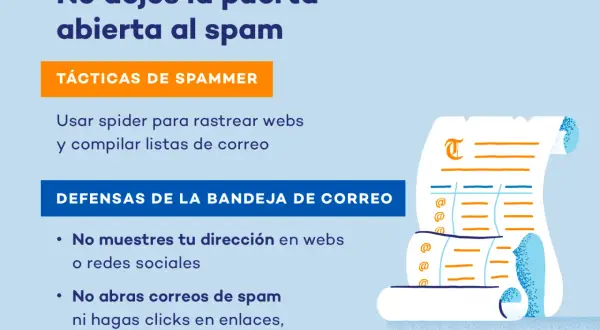 No dejes la puerta abierta al spam. Tácticas de spammer: usar spider para rastrear webs. Defensas: no muestres tu dirección, no abras correos de spam.