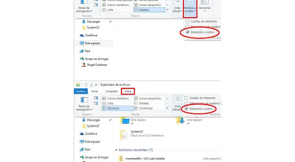 Explorador de Archivos de Windows 10: cómo ver carpetas ocultas. Se muestra la pestaña "Vista" con la opción "Elementos ocultos" marcada.
