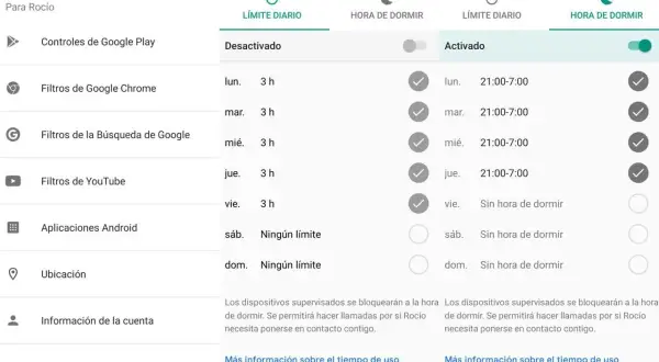 Configuración de HORA DE DORMIR para Rocío, activada de 21:00 a 7:00 de lunes a jueves. Código acceso parental Family Link.