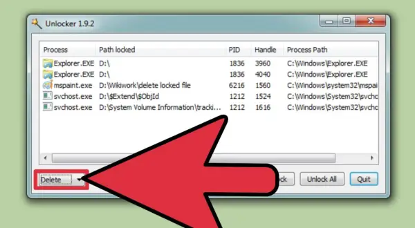 Interfaz de Unlocker 1.9.2 mostrando cómo eliminar un archivo que no se deja, con un botón "Delete" resaltado.