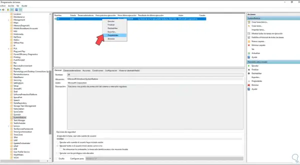 En el Programador de Tareas, se selecciona "Propiedades" para la tarea "SR", que ayuda a crear punto de restauración Windows 10.