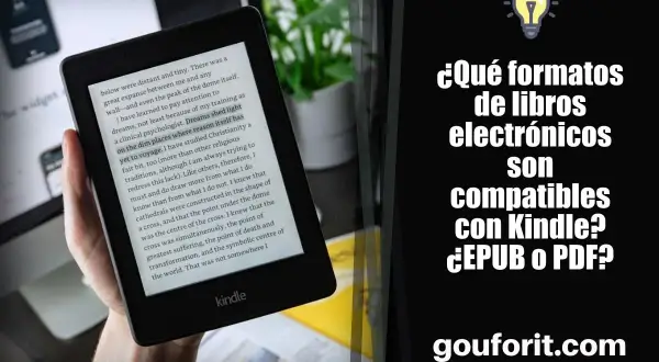 Mano sosteniendo un dispositivo **formato Kindle** con texto. Pregunta: "¿Qué formatos de libros electrónicos son compatibles con Kindle? ¿EPUB o PDF?".