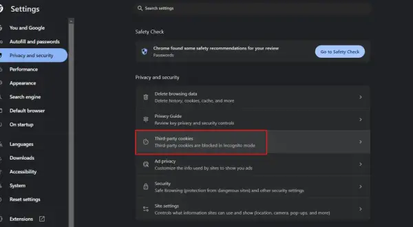 Configuración de Chrome: "Third-party cookies" para borrar cookies de una página.