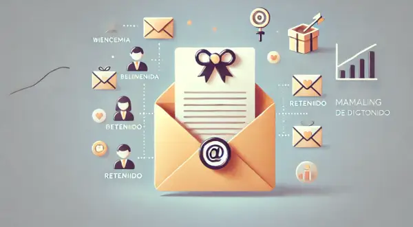 Un sobre abierto con un documento y un lazo negro. Iconos de correos y personas sugieren un flujo de comunicación, quizás un correo importante.