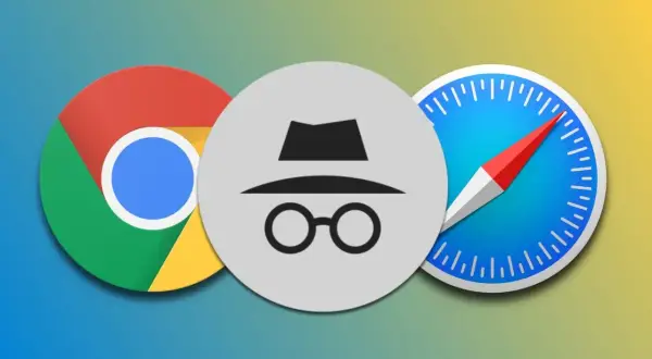 Icono de modo incógnito de Google entre los logos de Chrome y Safari. Navega sin dejar rastro.