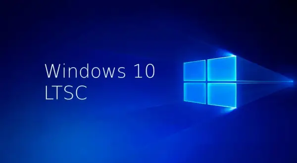 Logo de Windows 10 LTSC sobre fondo azul brillante.