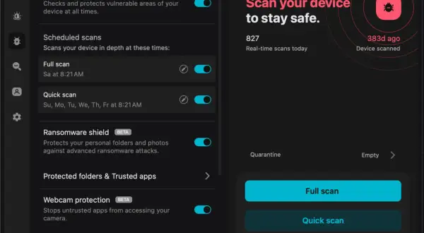 Interfaz de antivirus con opciones de escaneo y protección contra ransomware. Escanea tu dispositivo para evitar el pup virus.