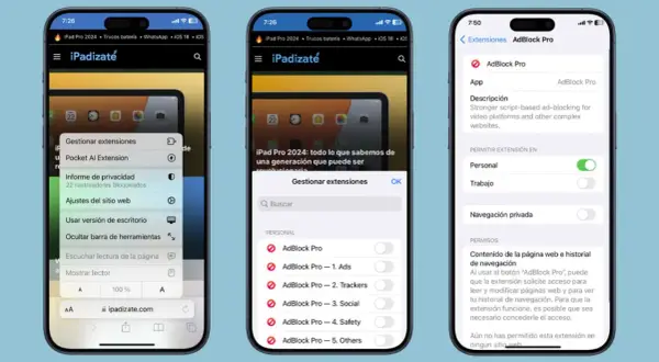 Tres pantallas de iPhone muestran cómo gestionar extensiones en Safari, incluyendo AdBlock Pro, para una experiencia de navegación más limpia.