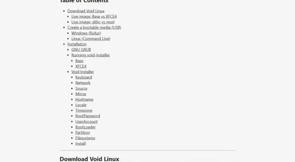 Tabla de contenidos para instalar Void Linux, incluyendo descargas, imágenes live, y configuración.