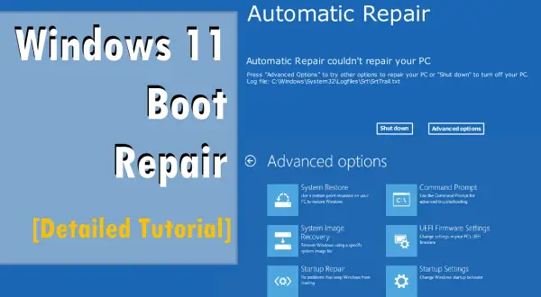 Pantalla de Reparación Automática de Windows 11. Opciones avanzadas para solucionar problemas de arranque, incluyendo la configuración de secure boot.
