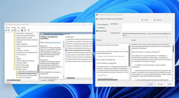 Configuración para desactivar actualizaciones Windows 11. Se muestra la opción "Deshabilitada" para la configuración de actualizaciones automáticas.