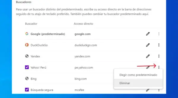 Cómo quitar Yahoo del buscador: se muestra la opción "Eliminar" para desinstalar Yahoo de los buscadores predeterminados.