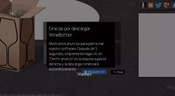 Ventana de WineBottler para descargar, útil para abrir archivos exe en Mac.