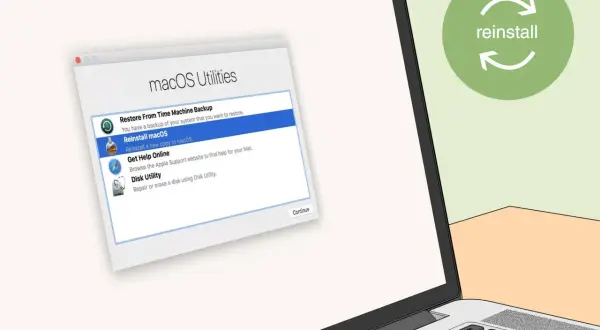 Ventana de Utilidades de macOS con opción "Reinstalar macOS" seleccionada. Una forma de como quitar un virus del ordenador es reinstalar el sistema.