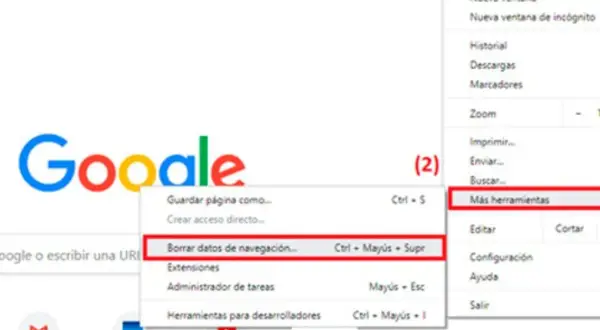 Menú de Chrome para limpiar historial y datos de navegación. Selecciona "Más herramientas" y luego "Borrar datos de navegación".