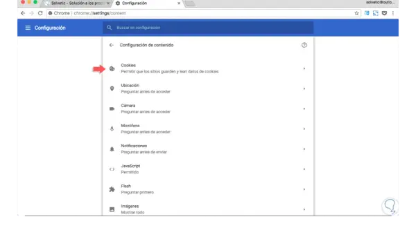 Configuración de Chrome: opción Cookies. Aprende cómo eliminar cookies y gestionar permisos.