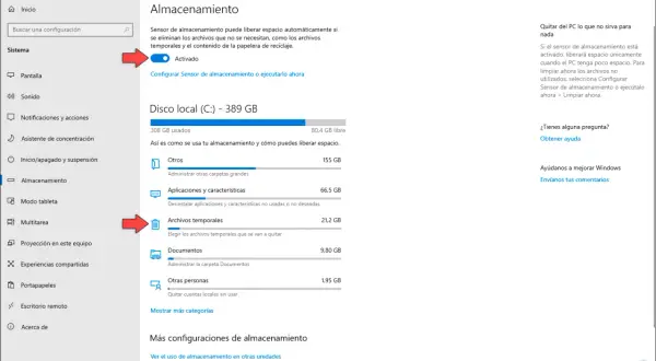 Configuración de Almacenamiento en Windows 10 para limpiar archivos temporales y liberar espacio.