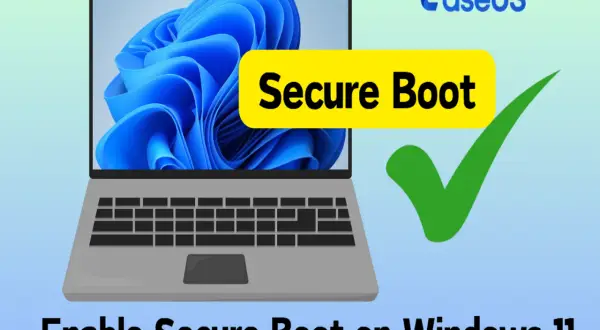 Laptop con pantalla de Windows 11, texto "Secure Boot" y un tick verde. Guía para activar arranque seguro Windows 11.