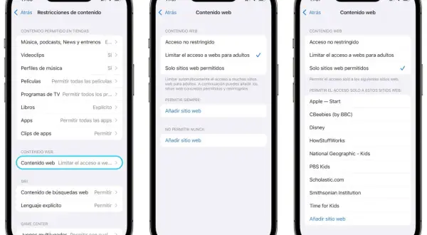 Configuración de control parental en iPhone para limitar contenido web, similar a control parental iPad desde Android.