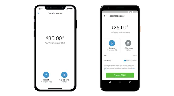 Dos pantallas de móvil muestran cómo transferir $35 de tu saldo Venmo. Una opción es instantánea con una comisión, la otra es gratis en 1-3 días.