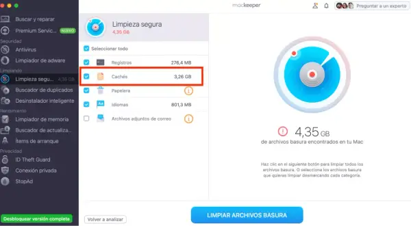 Interfaz de Mackeeper mostrando la opción "Cachés" seleccionada para limpiar 3,26 GB de datos en tu Mac.