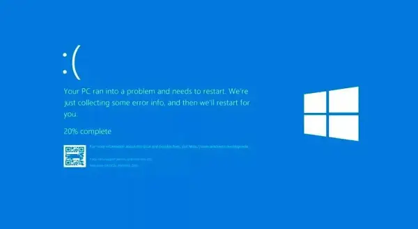 Pantallazo azul de Windows con un triste ":(". El PC se reinicia por un problema, recopilando información.