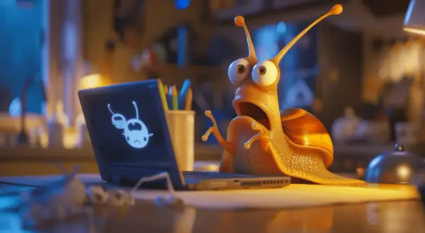Caracol sorprendido ante su **pc lento**, con una cara de espanto y un mensaje de error en la pantalla.