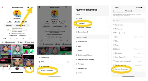 Pasos para saber como bloquear a alguien en TikTok: perfil, ajustes y privacidad, luego privacidad y finalmente cuentas bloqueadas.