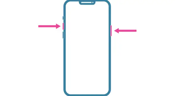 Flechas rosas indican cómo hacer captura de pantalla en iPhone 8: presiona el botón lateral y el botón de subir volumen simultáneamente.