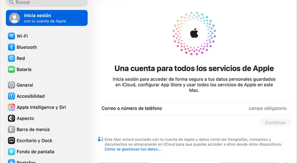 Pantalla de inicio de sesión de Apple. Permite crear ID Apple niño para acceder a iCloud y otros servicios.