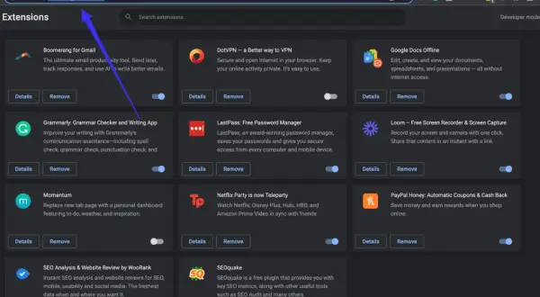 Página de extensiones de Chrome. Aprende como quitar una extensión de Chrome para gestionar tus complementos.