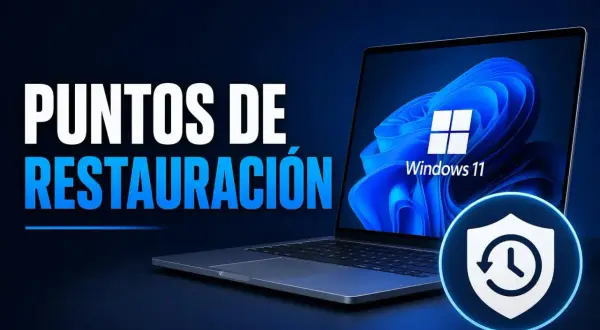 Guía para restaurar Windows 11 a un punto anterior. Laptop con logo de Windows 11 y un icono de escudo con flecha circular.