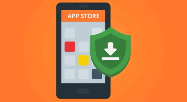 Teléfono con pantalla "APP STORE" y un escudo verde con flecha de descarga. Guía para saber como instalar un antivirus.