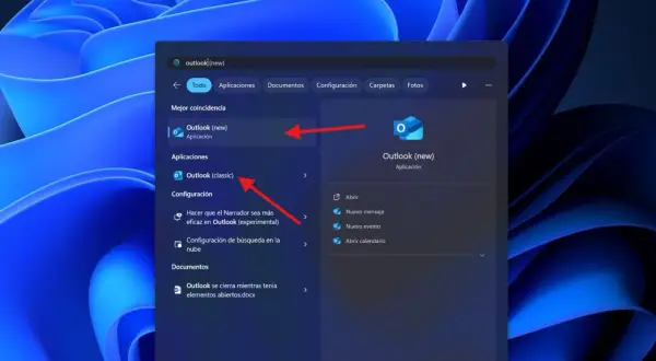 Buscando "outlook (new)" en Windows, se muestra el nuevo Outlook como mejor coincidencia, junto a la opción de Outlook (classic).