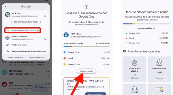 Captura de pantalla de un teléfono móvil mostrando la gestión del almacenamiento de Google, indicando que el espacio está casi lleno, lo que podría ser la razón por la que no me llegan los correos.