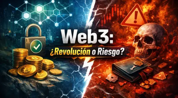 Web3: ¿revolución o riesgo? Montones de bitcoins y un candado seguro contrastan con un cráneo, una billetera y un gráfico de riesgo, simbolizando la dualidad de la web 3.