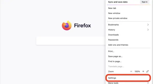 Menú de Firefox con "Ajustes" resaltado, donde se gestionan contraseñas y otros datos.
