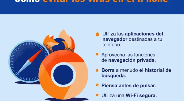 Iconos de navegadores web y consejos para evitar virus en iPhone.