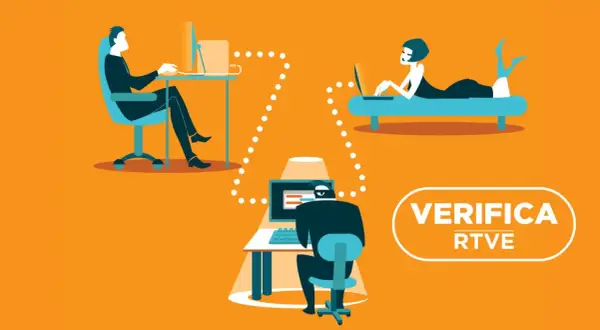 Ilustración de personas trabajando en línea, con un hacker al acecho. ¿Qué es Pegasus? Verificación RTVE.
