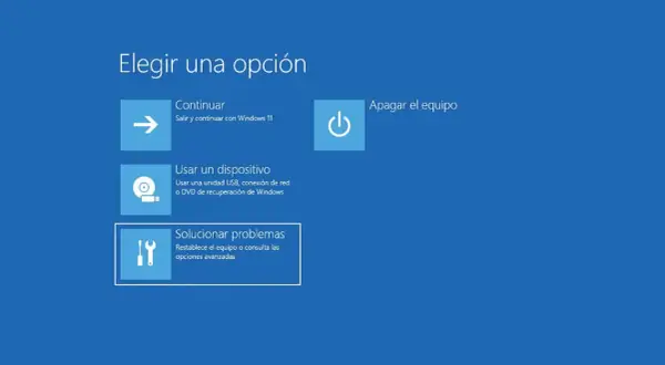 Pantalla de opciones de Windows: continuar, usar dispositivo, apagar o solucionar problemas. Si eliges solucionar problemas, podrás reiniciar en modo seguro.