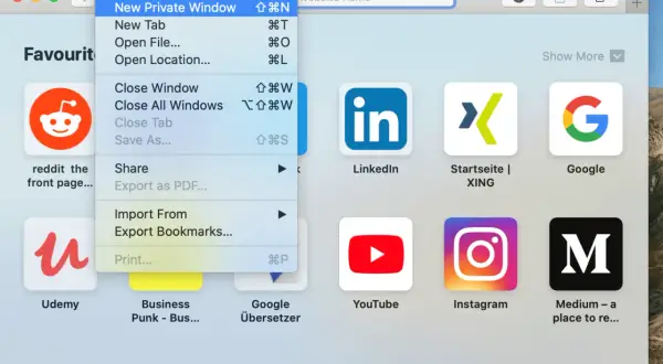Ajustes Safari: menú "Archivo" con la opción "Nueva ventana privada" resaltada.