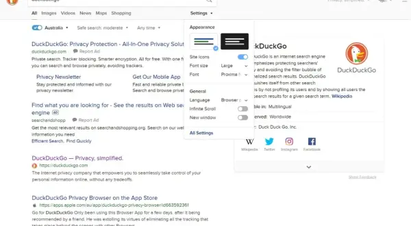DuckDuckGo que es: buscador privado con opciones de apariencia y configuración. Protege tu información.