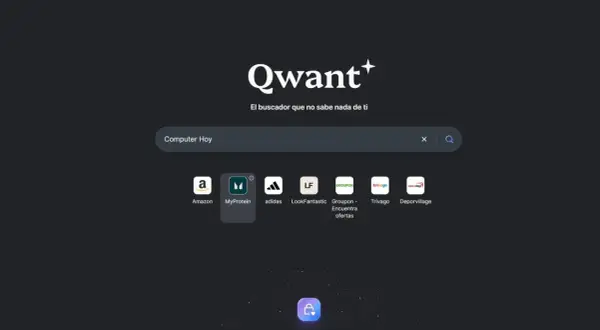 Qwant buscador: "Computer Hoy" en la barra de búsqueda. Iconos de Amazon, MyProtein, Adidas, LookFantastic, Groupon, Trivago y Deporvillage.
