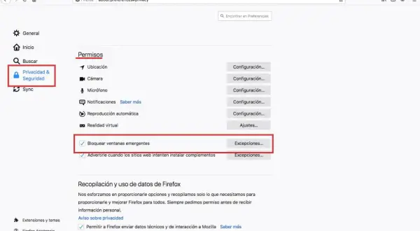Configuración de Firefox: la opción "Bloquear ventanas emergentes" está marcada, lo que significa que el navegador está configurado para impedir su aparición.