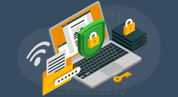 Un portátil con un escudo de seguridad, un candado, un archivo con asteriscos y una llave. Representa la seguridad en la navegación web.